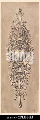 Design for a Marine Trophy, Pencil, pen, and ink with Chinese black ink on paper, pricked, The stern of a sail ship with the Napoleonic eagle as a mast head, a trident, an oar are shown in the top part, an axe, a sword, an anchor, a laurel wreath and a compass suspended from a scarf, in the bottom part. Laurel boughs form the background. Colored ground., France, ca. 1810, ornament, Drawing Stock Photo