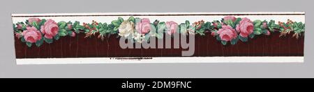 Border, Block-printed, flocked, Horizontal rectangle. Cluster of pink roses alternating horizontally with cluster of pink and white roses and white daisies. Green leaves. Ground at top is white, glazed. Below the flower band the field is dark red flock., France, 1860, Wallcoverings, Border Stock Photo