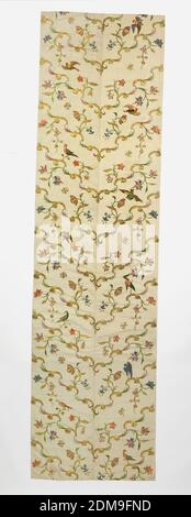 Bed hanging, Medium: silk, metal-wrapped silk-core threads Technique: embroidery in satin and couching stitches on plain weave foundation, Bed hangings of heavy white silk, embroidered in gold thread, gold foil strips, and colored silks. Each panel is made up of two breadths of fabric seamed down the center and is lined in white silk plain weave. The design is arranged so that golden rococo curves meet at the center seam to form a symmetrical v-shaped pattern, with flowering branches and birds, worked in satin stitch in colored silks. Stock Photo