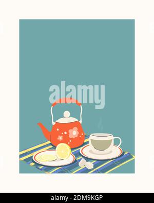 Vector color flat illustration with copy space. Teapot with a cup and lemon on a saucer. Cute still life for postcard, menu, design. Stock Vector