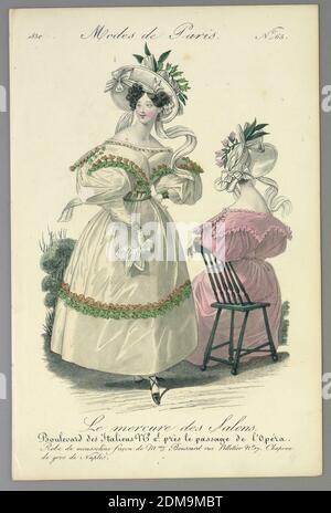 Fashion Plate from Le Mercure des Salons, Modes de Paris, Wood engraving, brush and watercolor on paper, One woman standing left, wearing a white dress and hat, with green and brown trim; the other sitting right, in a pink dress. Title above and below., Paris, France, 1830, Print Stock Photo