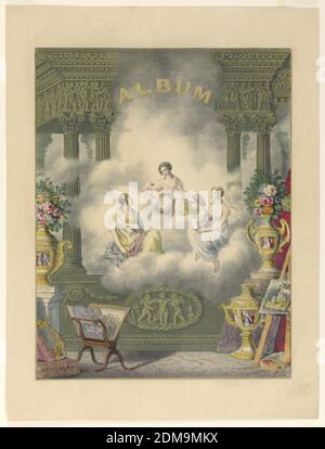 Title Page of a Lady's Souvenir Album, Lithograph, brush and watercolor on paper, The Three Fates are seated on a cloud in an architectural enframement. Below, symbols of the arts. At top: 'ALBUM' in gold letters., England, 1830–1840, Print Stock Photo