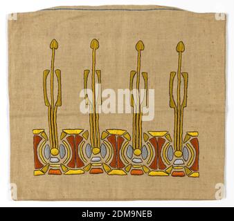 Pillow cover, Medium: linen, silk embroidery Technique: embroidered on plain weave, Light brown pillow cover with a geometric border and highly stylized floral buds that extend outward., USA, ca. 1912, embroidery & stitching, Pillow cover Stock Photo