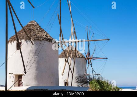 Windmills, Mykonos Town, Mykonos Island, Greece Stock Photo