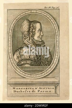 Portrait of Margarethe of Austria, Duchess of Parms (1522-1586), Engraving on paper, Bust-length portrait in side view to right. Young duchess wears a cap, a dress with high collar. Portrait is in an oval frame placed on an inscribed pedestal. Illustration from a book., Italy, 1725-1750, Print Stock Photo