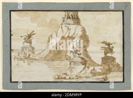 Project: a fountain in honor of Emperor Napoleon, Giuseppe Barberi, Italian, 1746–1809, Pen and brown ink, brush and brown wash, graphite on off-white laid paper, lined, Horizontal rectangle. Shown like 1938-88-1774. The design is a variation of that of 1938-88-1774. The central rock has the shape of a natural arch. Winged genii upon winged horses stand upon round pedestals, upon the ledges. On top of the arch is a circular base, with an inscription. Above the inscription is a trophy of arms. Dark brown framing band. Framed by gray-blue paper stripes., Rome, Italy, 1796–1801, architecture Stock Photo