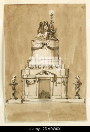 Funeral Decorations for King Louis XVI of France, Giuseppe Barberi, Italian, 1746–1809, Pen and brown ink, brush and brown wash on lined off-white laid paper, A variation of 1938-88-1294. The flames burn in candelabra in the shape of vases, for which alternative suggestions are made. They stand upon the base at the ends of the steps. The panels and piers beside the door are decorated with a festoon. Above the entablature is above the door a triangular pediment with a head inside. The attic is only a little higher than the pediment. Above it stands a roudn pediment with a base. Stock Photo