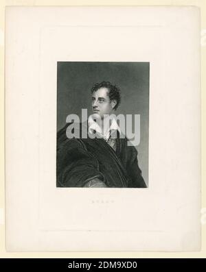 Portrait of George Gordon Lord Byron, Thomas Phillibrown, British, active 1834 - 1860, Giles Firman Phillips, British, 1780 - 1867, Engraving on paper, Half length portrait of the English poet, George Gordon Lord Byron (1788-1824), facing one quarter to the right, his gaze directed over his right shoulder. He wears a large cloak thrown loosely over his right shoulder., England, ca. 1840, Print Stock Photo