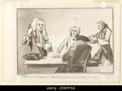 Plate IV, from from 'Characters who Frequented Button's Coffeehouse About the Year 1720', William Hogarth, English, 1697 - 1764, Samuel Ireland, English, ca. 1744–1800, Aquatint on paper, Interior scene with four men around a table. Two of them are seated in the middle, two are standing: one at left has placed his hat upon table; the other one at right pointing with his finger. Two men with names inscribed above their heads., England, 1786, Print Stock Photo