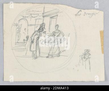 Design for a Painted Porcelain Plate, Les Oranges (Oranges) from Service des Objets de Dessert (Dessert Service), Jean Charles Develly, French, 1783 - 1849, Graphite on cream laid paper, Design for a painted porcelain plate, rondel. Sketch of a confectioner's shop. Figure of a woman, center right, appears to be holding a basket of candy. A figure to her left gazes at the candy., France, 1819–20, ceramics, Drawing Stock Photo