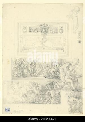 Design for a Printed Certifiate of a Religious Ceremony for Children, Fortunato Duranti, Italian, 1787 - 1863, Graphite on paper, A kind of tablet with space for an inscription. The risen Christ is in the center. On top is the coat of arms of Pope Leo XII (1823-1829) in front of a frieze. Laterally are calices with knots and wreaths. The part of the frieze are shown in detail below: children, most of them with crosses, are invited by their mothers to pass by a seated woman holding a cross, and accomapnied by two children. A mtoher and child in detail beside, at right. A sainted sheperdess Stock Photo