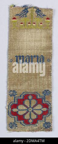 Orphrey band fragment, Medium: silk, linen, metallic Technique: complementary weft 2/1 twill, Fragment of an orphrey with a rosette, paired bird and the word 'Maria'. Horizontal gold herringbone background with incomplete design of red, blue, and gold rosette at bottom. 'Maria' in the center, and green trees with small red and white blossoms with perching blue birds at top., Cologne, Germany, 15th century, woven textiles, Orphrey band fragment Stock Photo