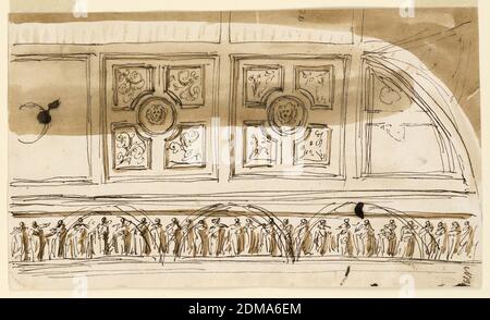 Design for ceiling decoration, Giuseppe Barberi, Italian, 1746–1809, Pen and brown ink, brush and brown wash on off-white laid paper, lined, Frieze, coved ceiling, probably for the Winter Bedroom in the Altieri., Rome, Italy, 1789–1793, interiors, Drawing Stock Photo