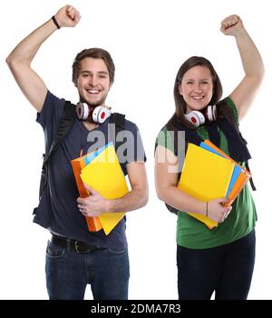 Studenten Erfolg erfolgreich Freude glücklich jung lachen Freisteller freigestellt auf weissem Hintergrund Stock Photo