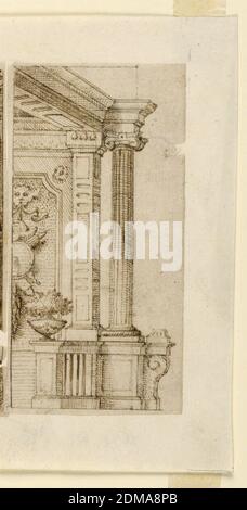 Stage Design: Side Wing, Giuseppe Barberi, Italian, 1746–1809, Pen and bistre on paper, A left side. A garden pavilion, the back wall of which is decorated with a trophy of arms hanging from a head. Framing line except at right., Rome, Italy, ca. 1675 - 1690, Drawing Stock Photo