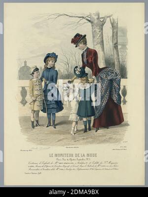 Fashion Plate from Le Moniteur de la Mode, E. Cheffen, French, active 19th c., Jules David, French, 1808 - 1892, Abel Goubaud et Fils, French, active 19th c., Engraving, brush and watercolor on paper, A woman with four children by a railing, with trees and buildings beyond. Artists' and publisher's names and date below. Description on verso., England, 1884, Print Stock Photo