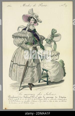 Fashion Plate from Le Mercure des Salons, Modes de Paris, Wood engraving, brush and watercolor on paper, Two women in walking dresses. One stands left, wearing a gray dress and pink lined bonnet, and holding an umbrella. The other, in white, sits right. Title above and below., Paris, France, 1830, Print Stock Photo