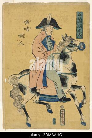 A Member of Commodore Perry's Party, Western Man on a Horse, Yenshuya Hikobei, Japanese, active 19th c., Yoshitora Utagawa, Japanese, active 1850 - 1870, Woodcut on mulberry paper, Man on a dappled horse, in western costume. Inscription in Japanese, upper left. Signature panel, upper right. Yokohama print, dated 1861. Censors seal: Arata me., Japan, 1861, Print Stock Photo