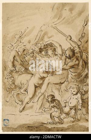 Bacchantes, Jacob de Wit, 1695 – 1754, Black chalk, pen and ink, brush and white wash on paper, Bacchantes, a satyr in a group, at the light of torches. Two children, a money in the right foreground., France, ca. 1750, Drawing Stock Photo