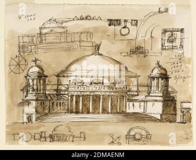 Design for a Mausoleum or a Kaffeehaus, Giuseppe Barberi, Italian, 1746–1809, Pen and brown ink, brush and brown wash on off-white laid paper, Most of the sketches deal with the central structure. Its general shape is now influnced by the Pantheon with lateral wings. In the central design, the elevation is shown. It was first drawn with four low oblique wings, flanking the stairways to the proticoes and having domes over their front parts. Then the motif has changed into wings of a greater height without domes. Most designs deal with lateral wings situated in the same horizontal plane Stock Photo