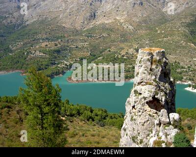 View from El Castell de Guadalest, Spain, to the lake below. Of Arab origins from the 11th century Guadalest is much preserved from the 12th century. Stock Photo