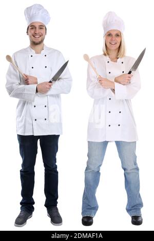 Koch Köche jung Azubi Azubis Ausbildung Auszubildender stehen kochen Beruf Freisteller freigestellt vor einem weissen Hintergrund Stock Photo
