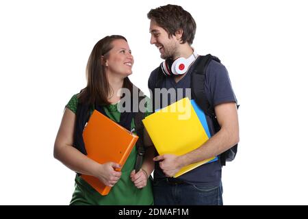 Studenten Studium Liebe lieben Pärchen lachen Jugendliche Freisteller freigestellt auf weissem Hintergrund Stock Photo