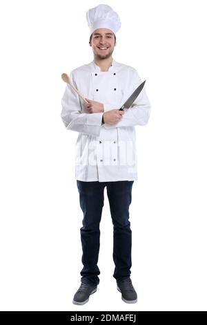 Koch jung Azubi Ausbildung Auszubildender kochen Ganzkörper Beruf Freisteller freigestellt vor einem weissen Hintergrund Stock Photo