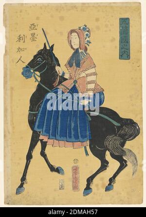 A Member of Commodore Perry's Party, Western Woman on a Horse, Yoshitora Utagawa, Japanese, active 1850 - 1870, Yenshuya Hikobei, Japanese, active 19th c., Woodcut on mulberry paper, Woman in wester costume on a black horse. Inscription in Japanese, upper left. Censor seal: Aratame., Japan, 1861, Print Stock Photo