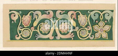 Decorative panel for July Festival, Félix-Jacques Duban, French, 1798 - 1870, watercolor, gouache, black ink, wash, graphite on tan paper mounted on off-white laid paper, Design for a panel ornamented with an abstract vine motif and flowers in pink, blue, green, and yellow on a green ground., 1835, architecture, Drawing Stock Photo