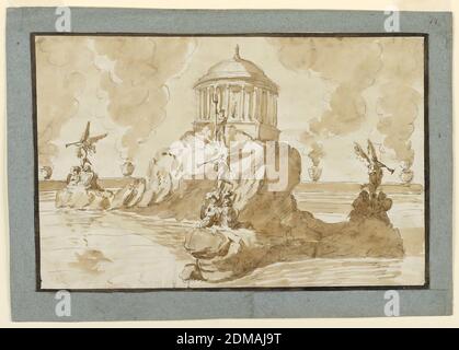 Project: a fountain in honor of Emperor Napoleon, Giuseppe Barberi, Italian, 1746–1809, Pen and brown ink, brush and brown wash on off-white laid paper, lined, Horizontal rectangle. Shown like 1938-88-1774. The design is a variation of that of 1938-88-1774. Urns containing fires stand upon the enclosure. Upon the ledges stand genii, blowing trumpets, upon trophies of arms, Neptune stands before the pavilion. No inscription is shown but a statue is written in the pavillion. Dark brown framing band. Framed by gray-blue paper stripes., Rome, Italy, 1796–1801, architecture, Drawing Stock Photo
