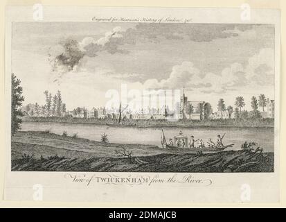 View of Twickenham, from the River Thames, from Walter Harrison's History of London, John Cooke, English, acitve 18th c., Engraving on paper, The view is taken looking across sthe Thames River, with the town of Twickenham (Berkshire) on the opposite bank. A pleasure craft with figures in the foreground. Inscribed below: 'View of TWICKENHAM from the river,' and at the top: 'Engraved for Harrison's History of London, Etc.', London, England, ca. 1750, Print Stock Photo