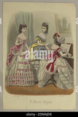 Fashion Plate from Le Monde Elégant, Wood engraving, brush and watercolor on paper, Three young women, the one at right in red and white, at a piano. One at left, in pink and white; center, in gray, blue, and yellow dress with black lace. Title and date below., Paris, France, 1872, Print Stock Photo