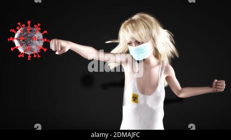 Artistic 3D Illustration Of A Female Fighting Against Corona Stock Photo