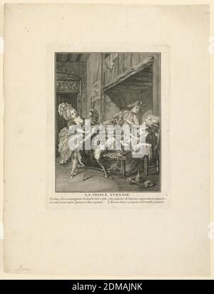 La Triple Y Vresse, Claude-Louis Desrais, (French, 1746–1816), Engraving on paper, A scene of debauchery in an inn, showing two soldiers carousing with women at a table, while a third soldier has fallen into a drunken stupor., Paris, France, ca. 1775-1760, Print Stock Photo