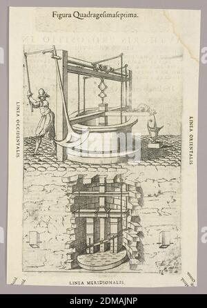 Plate XLVII from Theatrum instrumentorum et machinarum, Julio Paschale, Woodcut on paper, Machine pumping water out of a well, through a spout, left. Bottom of well interior shown below; man runs it with a lever and pendulum, left. Description in Latin on verso of 1949-152-244., Lyon, France, 1582, Print Stock Photo
