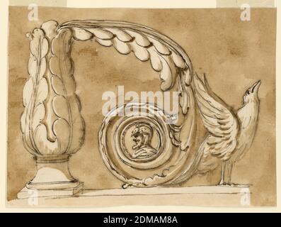 Lower end of staircase railing, Giuseppe Barberi, Italian, 1746–1809, Pen and brown ink, brush and brown wash on off-white laid paper, lined, From a calyx as in -1945 emerges an acanthus scroll with a circular medallion of an antique warrior in the lower spiral. At right stands an eagle shown in profile. Colored background., Rome, Italy, ca. 1780, furniture, Drawing Stock Photo