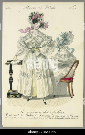 Fashion Plate from Le Mercure des Salons, Modes de Paris, Wood engraving, brush and watercolor on paper, Two women in white dresses and bonnets. One stands left, with pink and yellow trim; the other sits right, with blue ribbons on the dress. Title above and below., Paris, France, 1830, Print Stock Photo