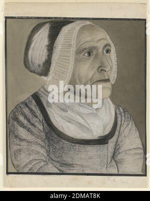Portrait of Frau Wetterstein, F.A. Meyer, German, active 19th century, Black and white crayon, and brush and wash on paper, Within black framing lines is a bust portrait of an elderly woman, her gaze directed to the right, wearing a pleated blouse-cap and heavy white scarf about her neck., Germany, 1817, Drawing Stock Photo
