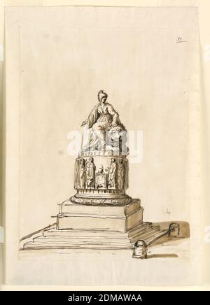 Design for a Monument, Giuseppe Barberi, Italian, 1746–1809, Pen and brown ink, brush and brown wash, graphite on lined off-white laid paper, Obliquely shown from the left front corner. Three steps lead up to a square base of two sections. A circular pedetal stands upon it. It is shaped like a lower part of a fluted column and is surrounded by a band with a relief representing a sacrifice. On top is a woman, similar to that in 1938-88-1274, seated upon a crouching lion. The left hand lies upon his head. The stone parts which are connected by a bar are shown in front of the right side. Stock Photo