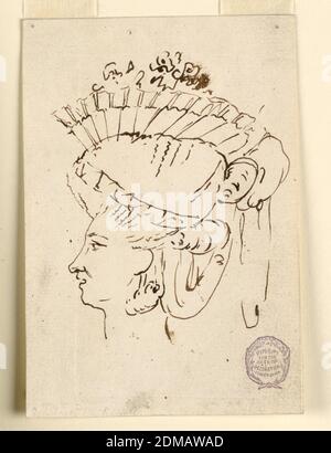 Head of a Woman Wearing a Hat, Carlo Marchionni, Italian, 1702–1786, Pen and black ink on laid paper, Profile of a woman wearing an elaborate hat and earrings, facing towards the left., Italy, 1728–84, figures, Drawing Stock Photo