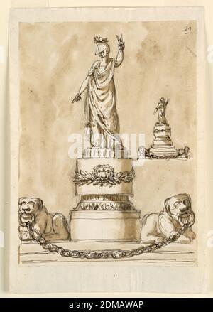 Two Designs for the Elevation of a Monument, Giuseppe Barberi, Italian, 1746–1809, Pen and brown ink, brush and brown wash, graphite on lined off-white laid paper, Crouching lions similar to 1938-88-1274 not holding a chain with their mouths. The pedestal rises between their backs. A woman with a helmet stands on top, raising with her left hand something like a compass. The lowered right hand holds something indistinct. A similar elevation is shown at right in small scale. The design of the pedestal is changed, showing less ornamentation. Colored background., Rome, Italy, ca. 1795 Stock Photo