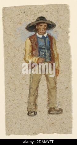 Sketch of a French Peasant, Samuel Colman, American, 1832–1920, Brush and watercolor, gouache, graphite on rough brown-grey paper, Man shown obliquely from the front, walking, wearing wooden shoes and a large hat. Red-brown coat with yellow sleeves, blue waistcoat, and brown trousers., USA, France, 1874, figures, Drawing Stock Photo