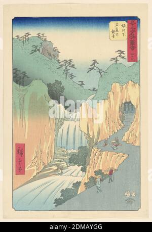 Sakanoshita: The Kannon in the Cave (Sakanoshita, Gankutsu no Kannon) From the 53 Stations of the Tokaido, Ando Hiroshige, Japanese, 1797–1858, Woodblock print in colored ink on paper, Here the scene depicts men approaching a cave. Three other men are already kneeling in prayer. Alongside the cave is an impressive waterfall., Japan, 1797-1858, landscapes, Print Stock Photo