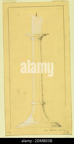 Design for a Candlestick, George E Germer, 1868 – 1936, Graphite, black crayon, brush and white gouache on cream paper, Each is signed below at right: G. E. Germer, Des. In 'c' the name George is given in full. Each bears below at right the letter A to E, respectively. Stumps of candles are shown. The designs are framed by lines at left, above and partially at right., USA, ca. 1933, Drawing Stock Photo