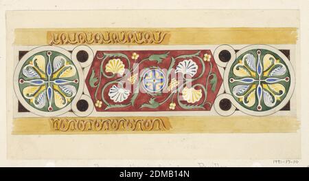Design for Decorative Panel for July Festival Architecture, Félix-Jacques Duban, French, 1798 - 1870, brush and watercolor, pen and black ink, graphite, gouache on off-white paper mounted on off-white laid paper, Geometric oriental design red, green, blue, gold, and black for dado panels of music pavilion (see 1991-17-7). Elongated hexagon between two circular fields with four-lobed leaf-like objects at center. Decorative bands at top and bottom are partially described., 1834, architecture, Drawing Stock Photo