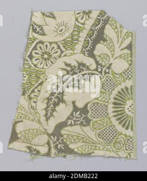 Fragment, Medium: silk Technique: compound satin weave, Closely-spaced, conventionalized floral design in gray warp satin with green and white silk wefts., France, early 18th century, woven textiles, Fragment Stock Photo