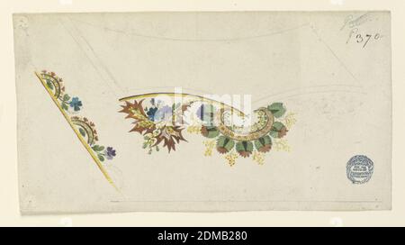 Design for the Embroidery of a Man's Waistcoat, Tracing, brush and gouache on paper, Unfinished design for the left bottom corner of a man's waistcoat embroidery. Flower motifs with archves along the rising edge. A similar one and flower boughs under the pocket., France, 1780–1790, Drawing Stock Photo