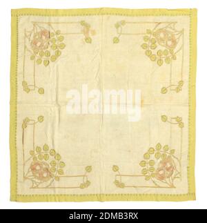 Tablecloth, Medium: linen, cotton Technique: embroidered on plain weave, Square off-white tablecloth has in each corner two stylized pink roses with pale yellow-green spade-shaped leaves. Roses reminiscent of the Glasgow rose design., USA, ca. 1900, embroidery & stitching, Tablecloth Stock Photo