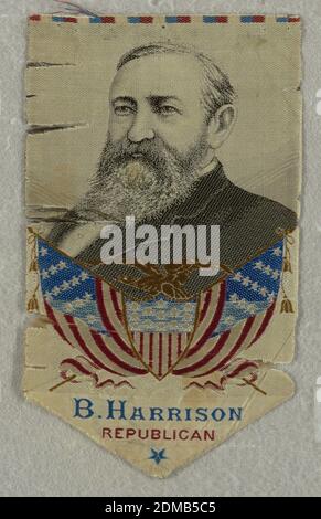 Campaign ribbon, Medium: silk Technique: jacquard woven, Line of white, blue, and red. Portrait of B. Harrison above tan eagle on top of red, white, and blue seal and American flag. Inscription: 'B. HARRISON /REPUBLICAN'. Blue star., USA, 1892, woven textiles, Campaign ribbon Stock Photo